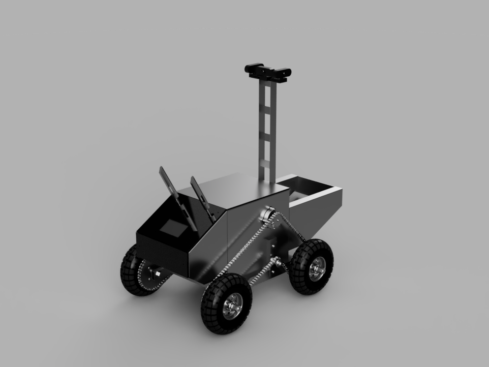 Fusion 360 isometric render of the ANTRAC 1.0 assembly, showing chassis, wheels, suspension and payload mounting.