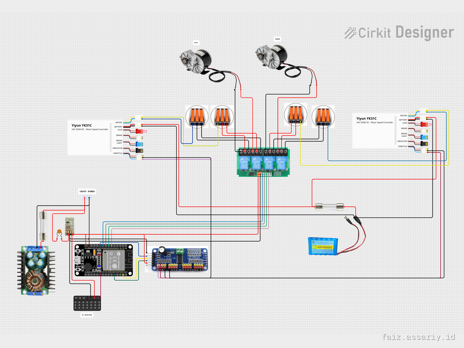 Wiring design for the control and power stages: two motor controllers, relay bank, fuse, DC-DC converter and ESP32.