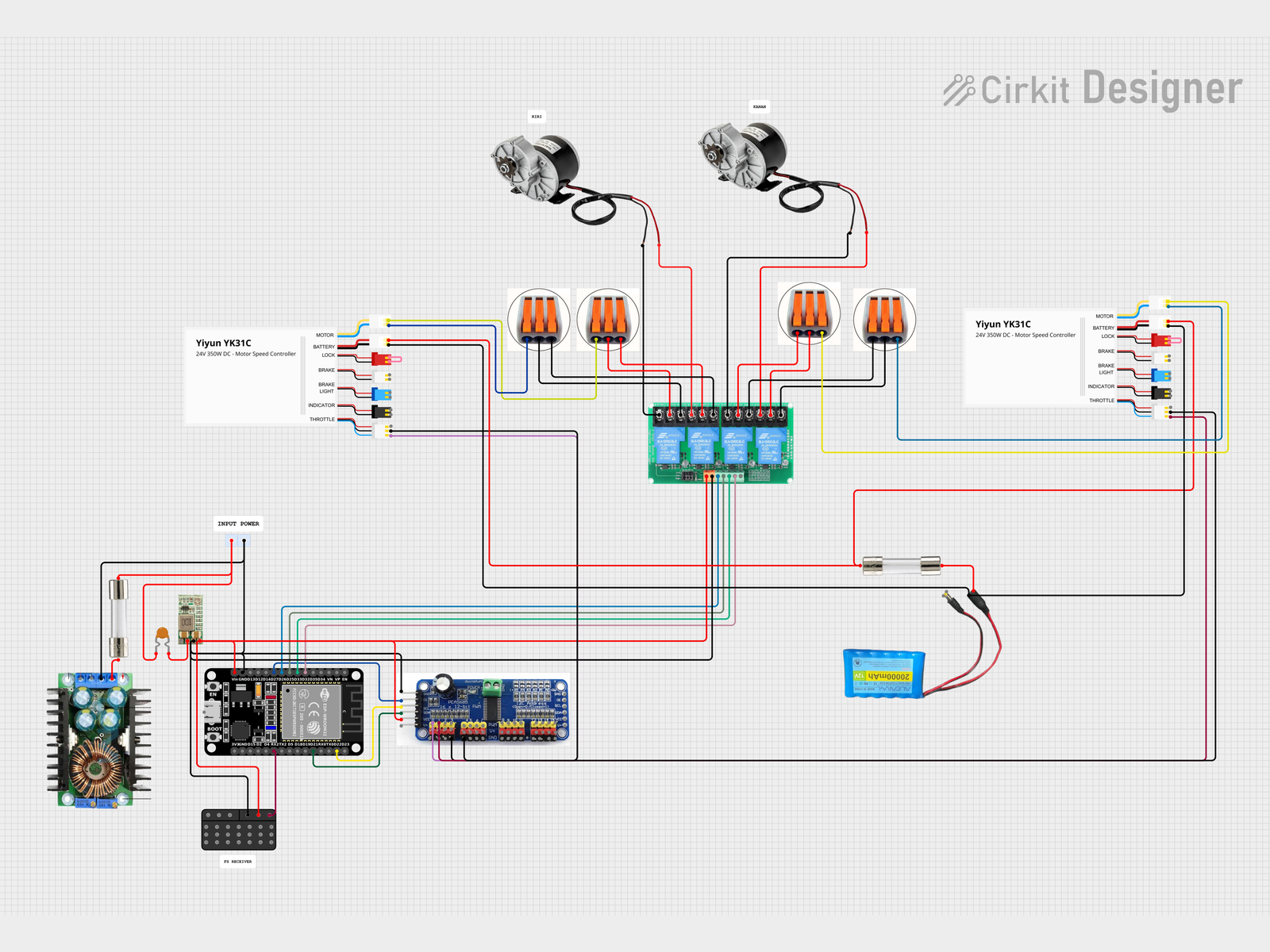 Wiring design for the ANTRAC 1.0 control and power stages: motor controllers, relay bank, fuse, DC-DC converter and ESP32.