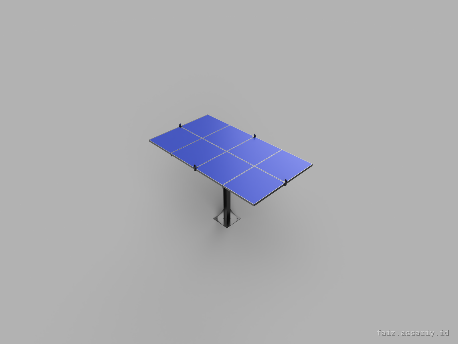CAD isometric render of the SoltarinE two-axis solar tracker: tilted panel on a frame, mast and drive mechanism.