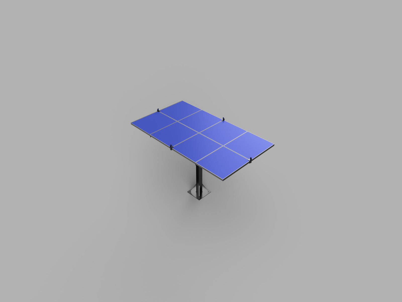 CAD isometric render of the SoltarinE two-axis solar tracker: tilted panel on a frame, mast and drive mechanism.