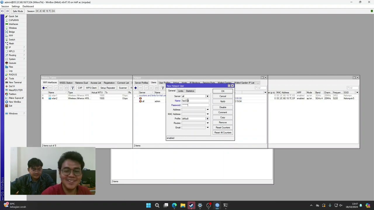 WinBox session showing the wireless interfaces, hotspot user dialog and DHCP server of the MikroTik router